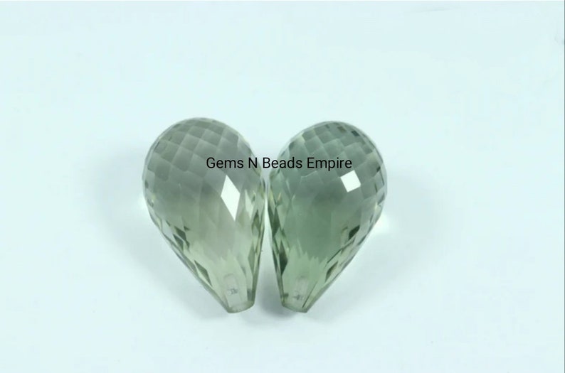 Half top drilled A pair of Green amethyst Quartz Briolette cut Faceted drop shape,20X10mm and 15X10mm High Polished,Handmade,Superb Item image 1