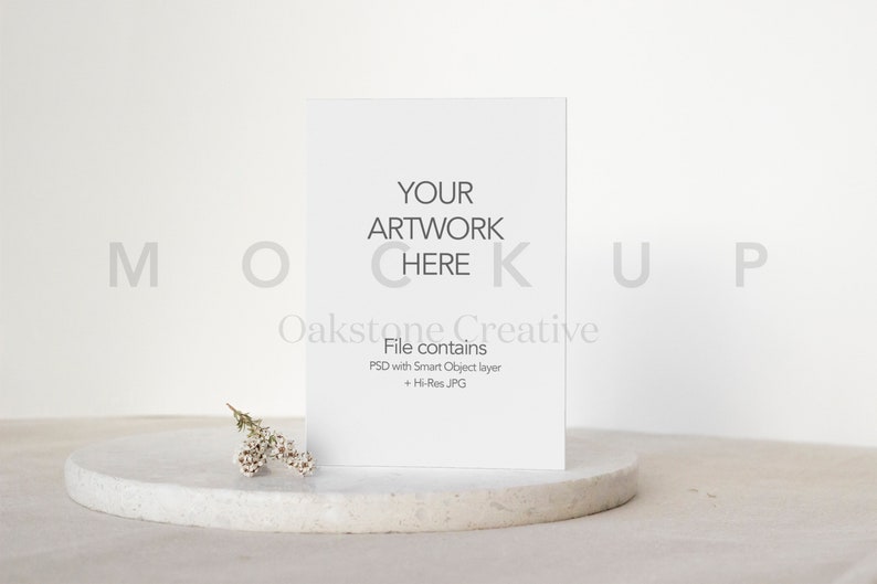 May include: A white card mockup with the text "YOUR ARTWORK HERE" and "Oakstone Creative" with the text "File contains PSD with Smart Object layer + Hi-Res JPG" below.