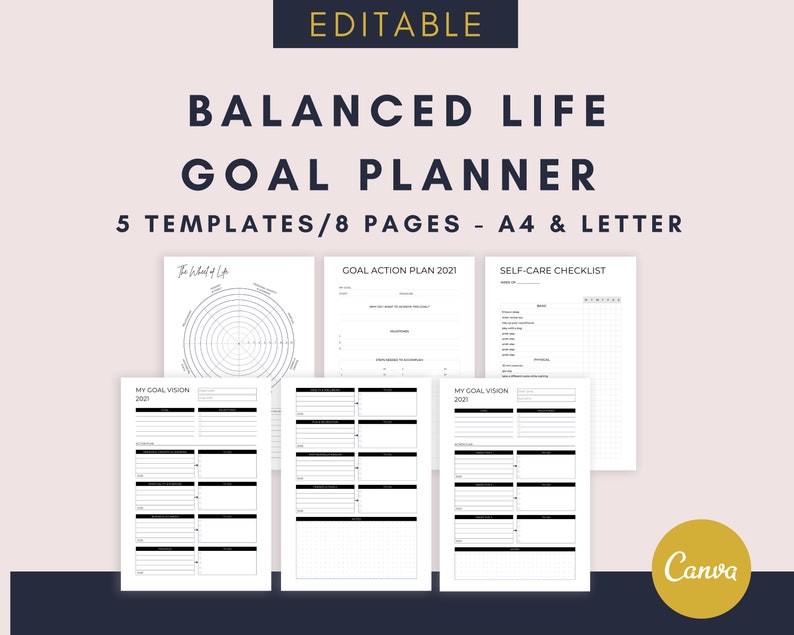 Life Goal Planner Editable Canva Template, Wheel of Life, Life Balance Wheel, A4 & US Letter image 1