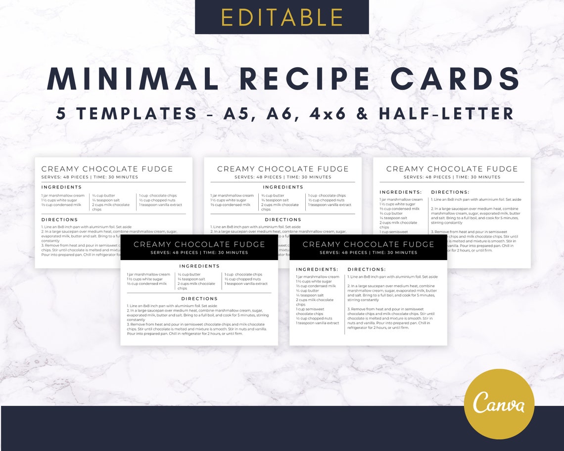 Editable Recipe Cards Canva Recipe Template Minimal Recipe Etsy