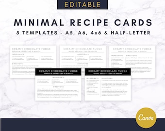 Editable Recipe Cards, Canva Recipe Template, Minimal Recipe Card, Sizes A5, A6, 4x6 & Half Letter