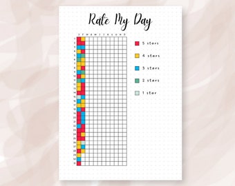 Rate My Day Bullet Journal Printable Tracker | Year In Pixels | Mood Tracker | Daily Tracker | Yearly Tracker | Premade Bujo Template