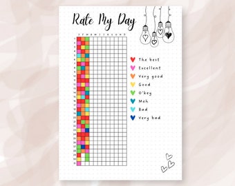 Rate My Day Printable Tracker | Year In Pixels | Bullet Journal Printables | Mood Tracker | Yearly Tracker | Premade Bujo Template