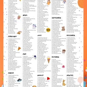 This is a printable national days calendar for the 2026 year. This calendar comes in two sizes: A4 and Letter (8.5x11). The style is bold and colorful. The calendar has one wacky holiday to celebrate for each day of the year (365 days to celebrate).