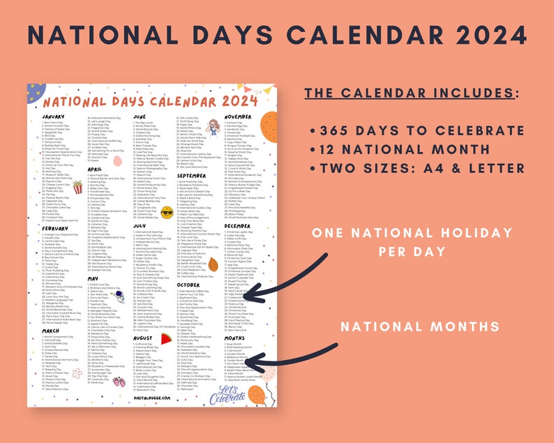 National Days Calendar Printable 2024 National Holidays Etsy