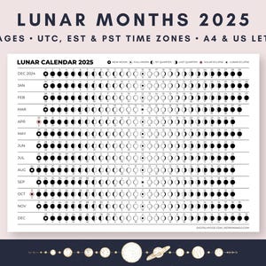 Lunar Months Calendar with Moon Phases | 13 Moons | Lunar Cycle | Lunar Phases | UTC, EST and PST Time Zones | A4 & Letter