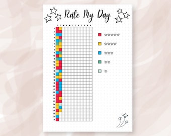 Rate My Day Printable Tracker |  Bullet Journal Printables | Year In Pixels | Daily Mood Tracker | Yearly Tracker | Premade Bujo Template