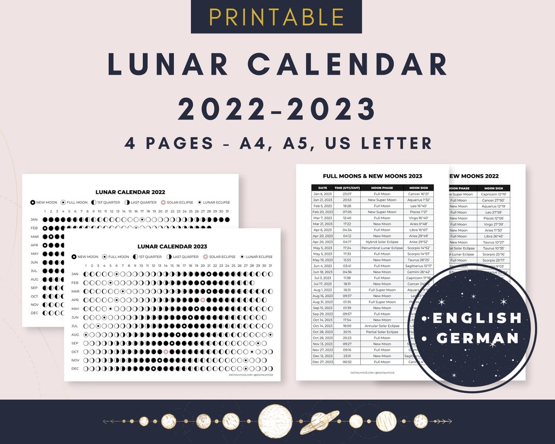 2022-2023 Lunar Calendar Printable PDF / Moon Phases / Lunar - Etsy Canada