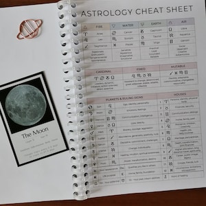 May include: Astrology cheat sheet with a chart of the zodiac signs and their corresponding elements, including fire, water, earth, and air. The chart also includes the cardinal, fixed, and mutable qualities of each sign. The planets and their ruling signs are listed, along with a description of each planet's influence. The houses of the zodiac are also listed, along with their corresponding meanings.