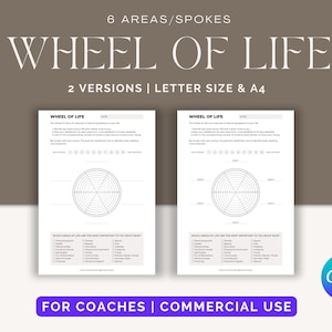 Editable 6-section Wheel of Life Canva template for life balance coaching, personal growth planners, and self-assessment exercises.