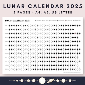 Lunar Phases Calendar  | Moon Phases Calendar | Moon Transits | Lunar Cycle | A4, A5 & Letter