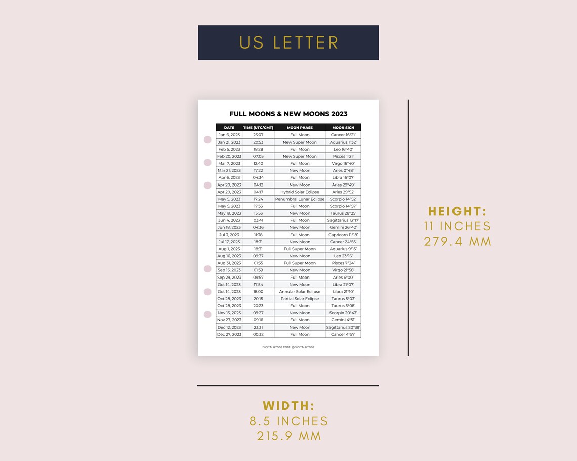 2022-2023 Lunar Calendar Printable PDF / Moon Phases / Lunar - Etsy Canada