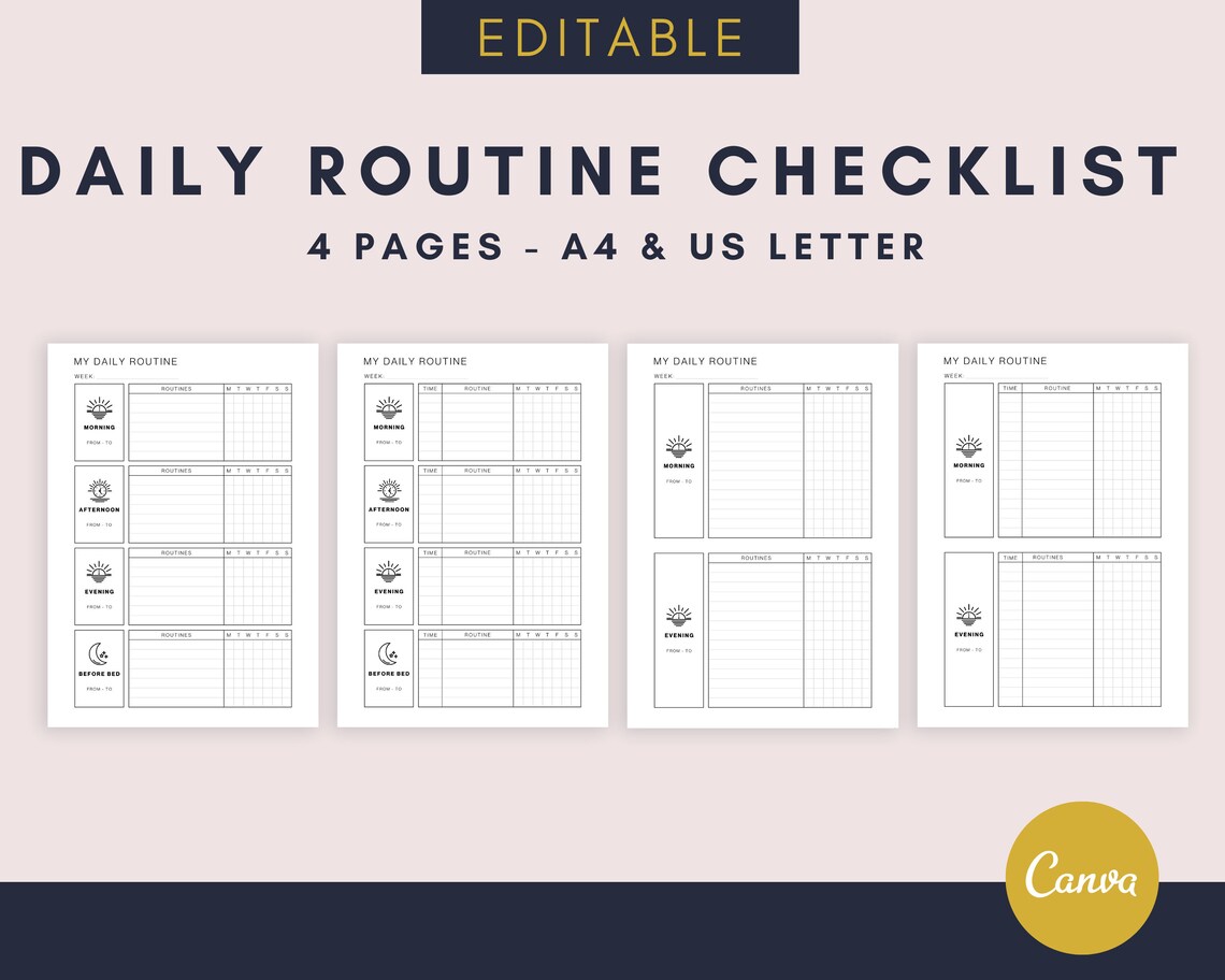 Daily Routine Checklist Editable Canva Template Etsy