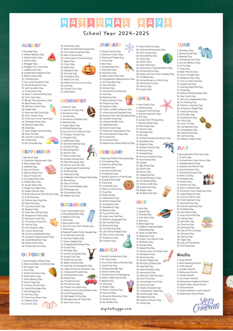 National Days Printable Calendar School Year 2024-2025 | National Days ...