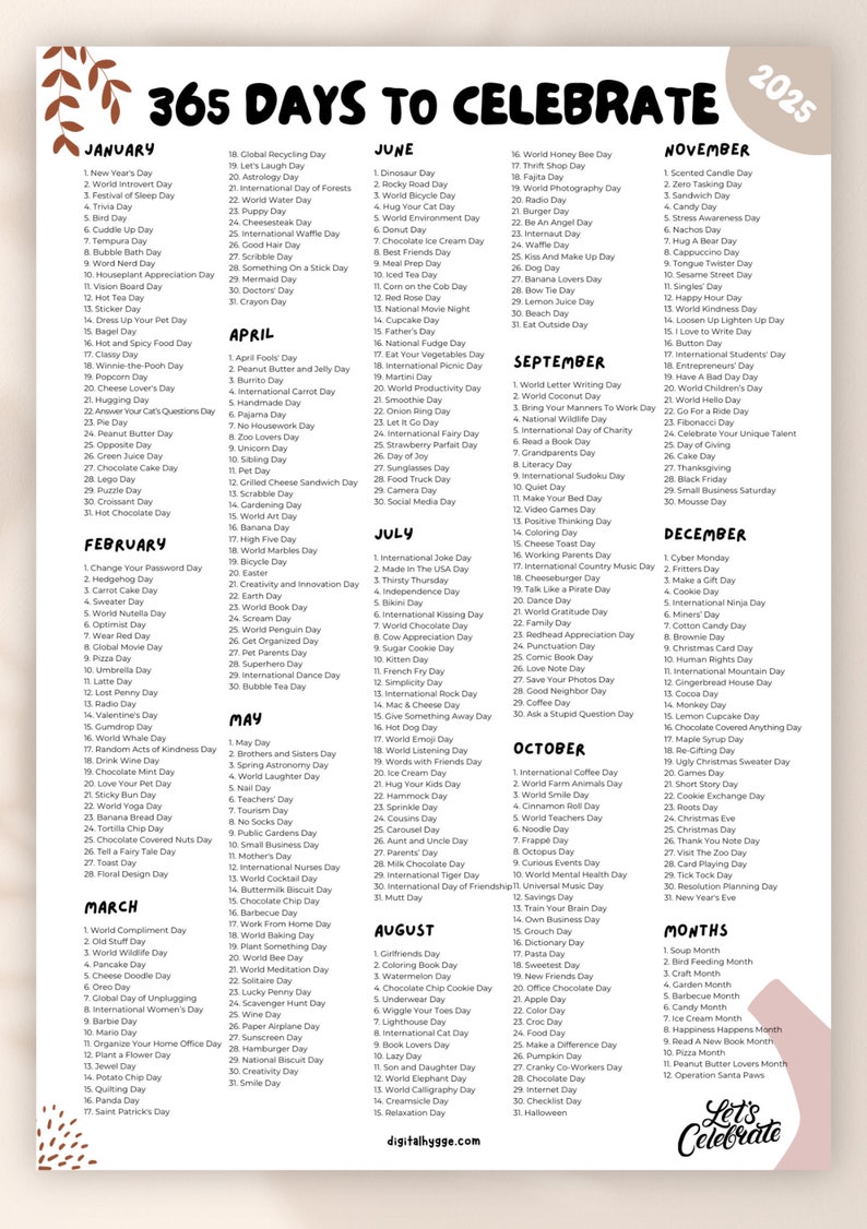 Printable National Days Calendar Social Media Holidays Calendar 2025 National Holidays Calendar