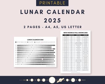 Calendrier lunaire 2025 imprimable : phases lunaires, hémisphère nord (téléchargement numérique)