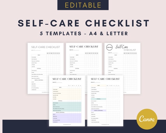 Editable Self-Care Checklist Canva Planner Editable