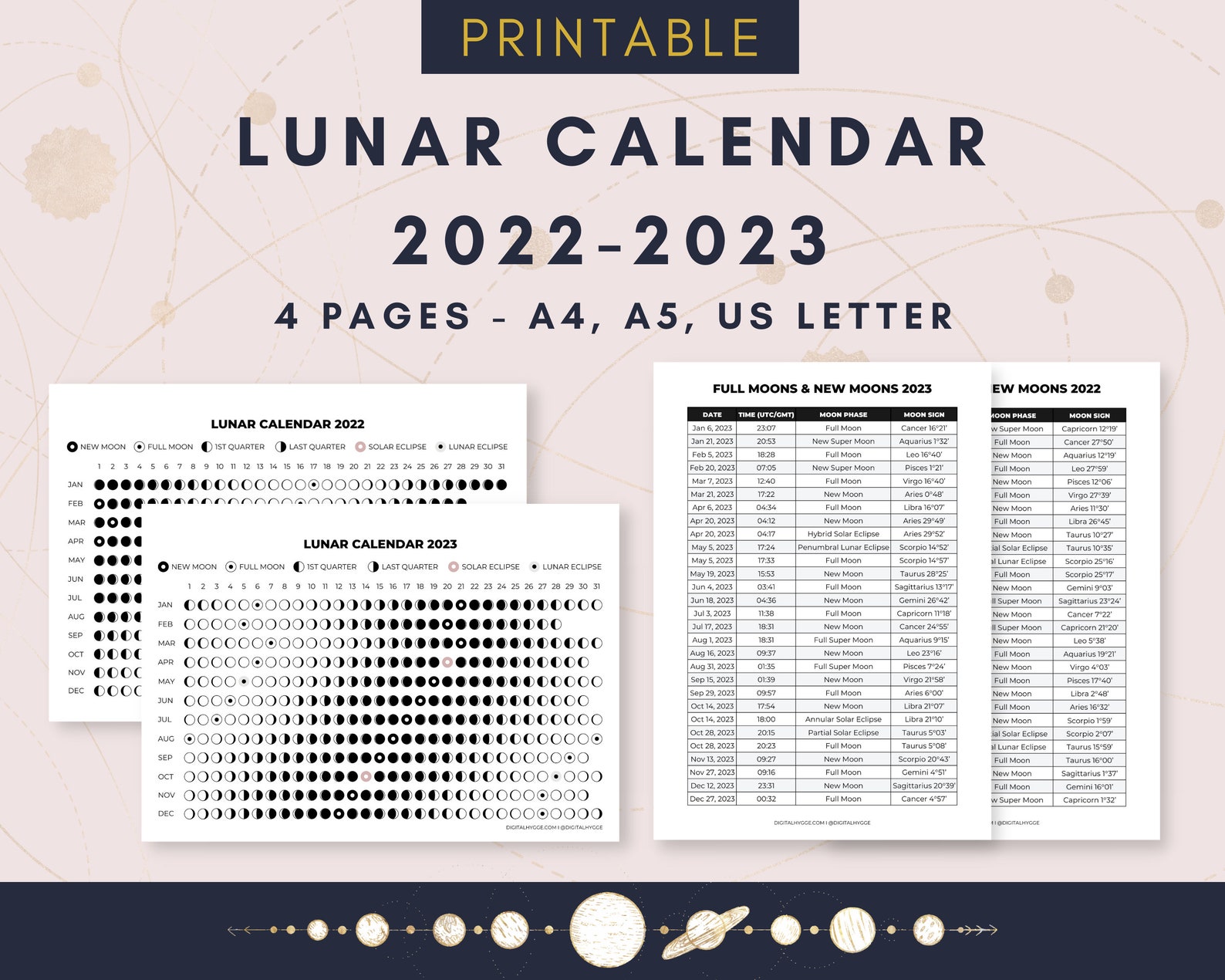 20222023 Lunar Calendar Printable PDF / Moon Phases / Lunar Etsy