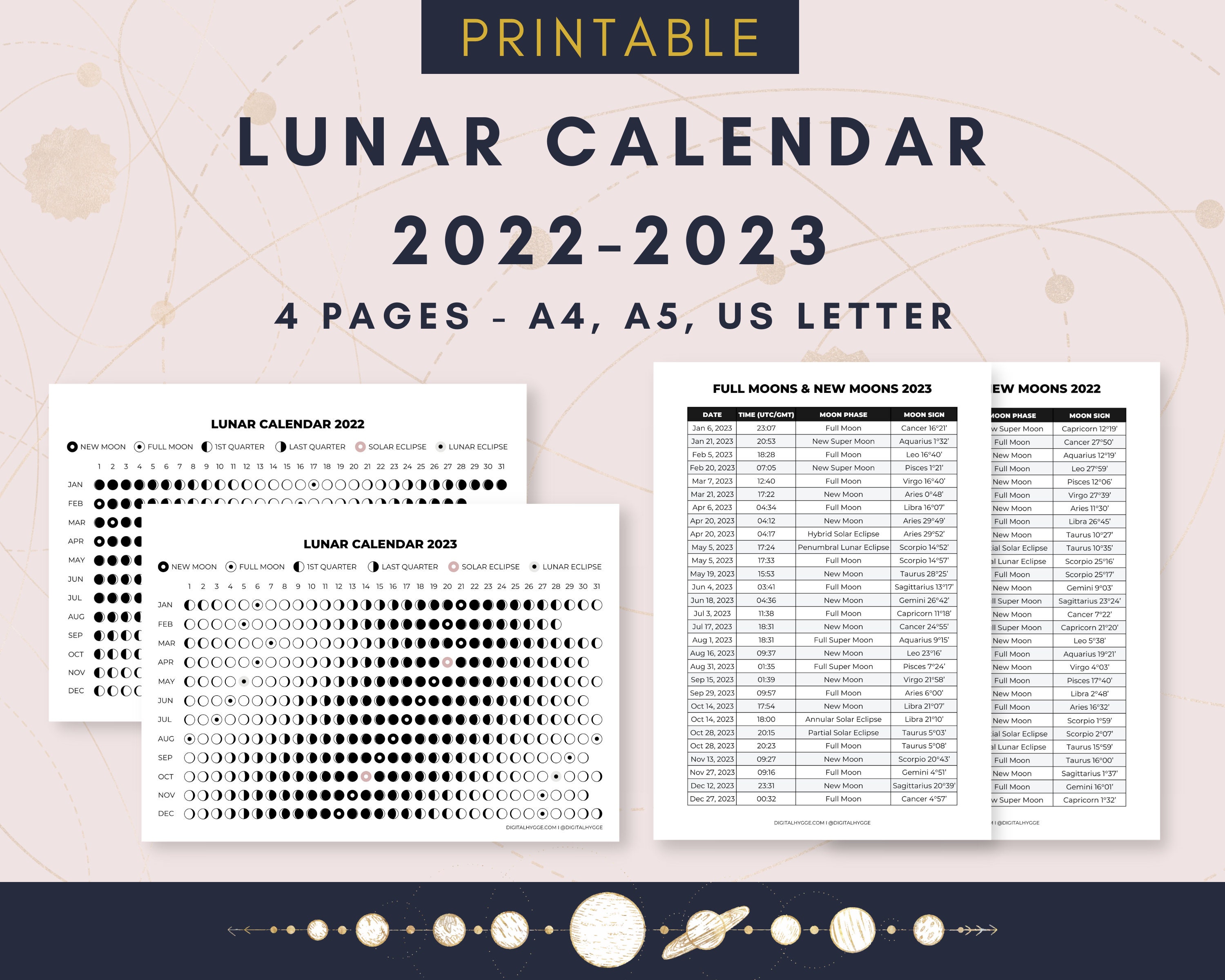 20222023 Lunar Calendar Printable PDF / Moon Phases / Lunar Etsy