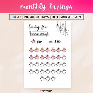May include: A printable savings tracker with the text "monthly Savings" at the top. The tracker is designed for saving for "Summer clothes." It features a grid of piggy banks, each representing a $10 savings increment, with a goal of $310.