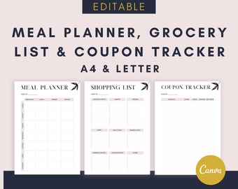 Editable Meal Planner Template, Grocery List, Coupon Tracker, Sizes A4 & US Letter