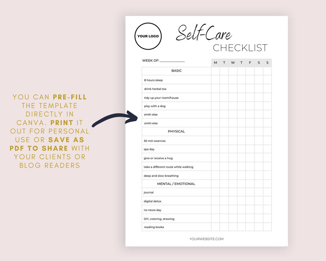 Editable Selfcare Checklist Canva Template Sizes A4 & US Etsy