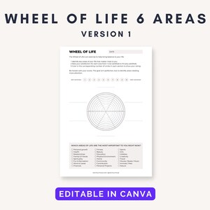 Customizable 6-part life wheel template for coaches and wellness creators; assess personal development areas and design with Canva.