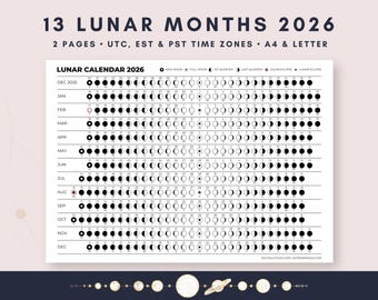 13 Month Lunar Calendar 2026 | Moon Phases & Astrology | UTC · EST · PST Time Zones