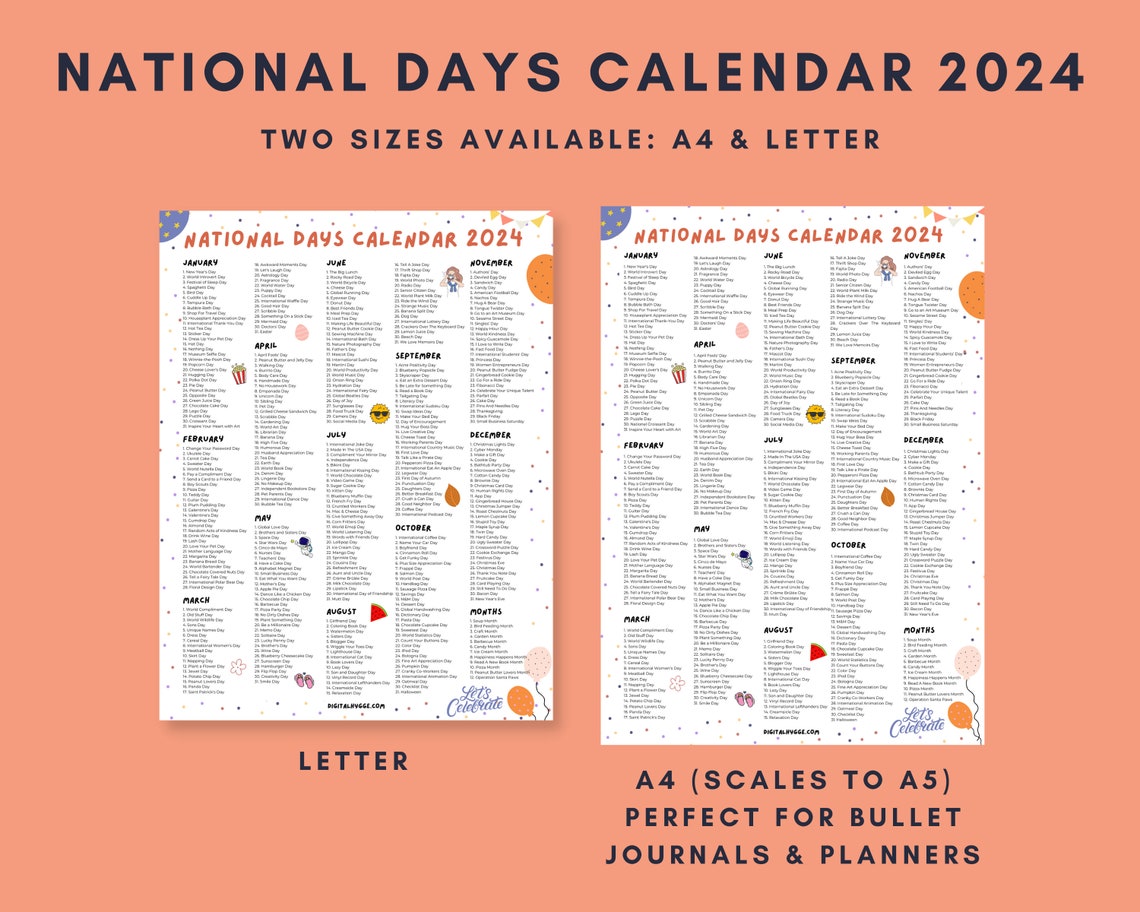 National Days Calendar Printable 2024 National Holidays Etsy