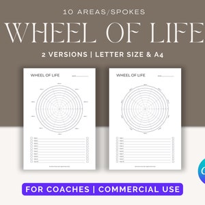 Puede incluir: Dos versiones imprimibles de una plantilla de rueda de la vida con 10 áreas o radios. La plantilla está diseñada para entrenadores y se puede utilizar con fines comerciales. El texto "WHEEL OF LIFE" está en la parte superior de cada plantilla.