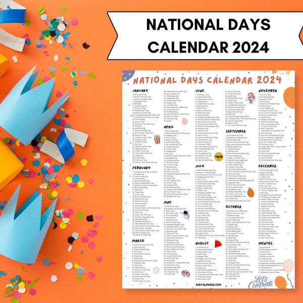 National Days Calendar Printable | 2024 National Holidays Calendar | Social Media Holidays