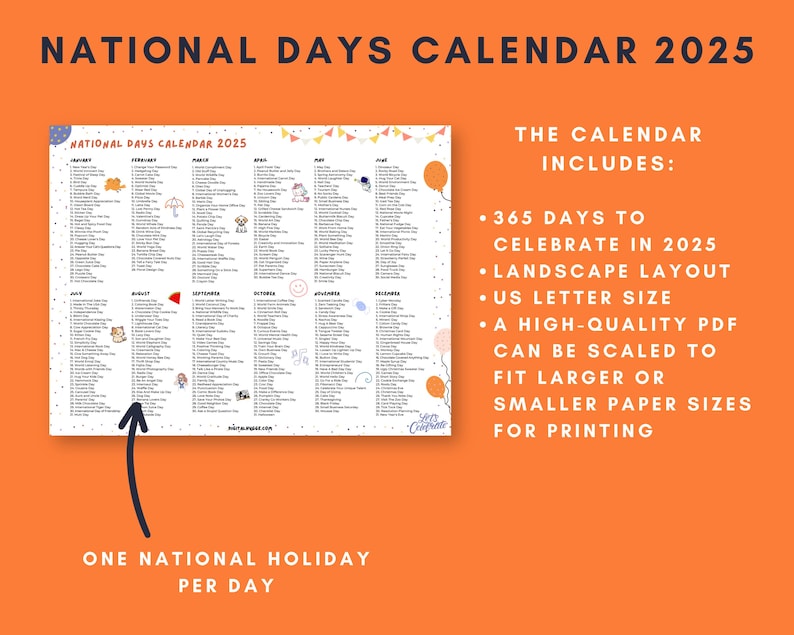 National Days Calendar Printable PDF Landscape Horizontal Layout