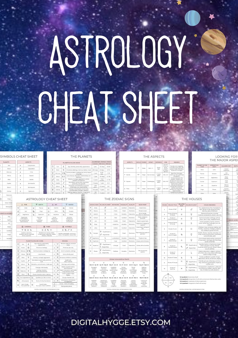 This Printable 7-Page Astrology Cheat Sheet is a great tool for anyone who wants to learn astrology. There is all important information you need to know for understanding astrology basics and learning to read birth charts. Sizes: A4 & Letter (8.5x11)
