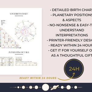 Astrology reading includes detailed birth chart, planetary positions and aspects tables, easy to understand interpretations for each placement written by a professional astrologer. Quick turnaround.