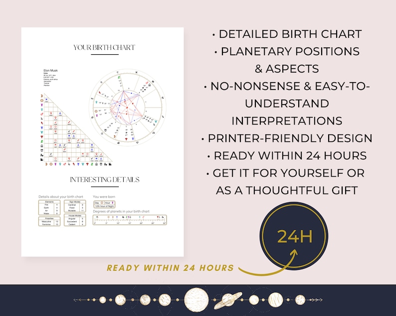 Astrology reading includes detailed birth chart, planetary positions and aspects tables, easy to understand interpretations for each placement written by a professional astrologer. Quick turnaround.