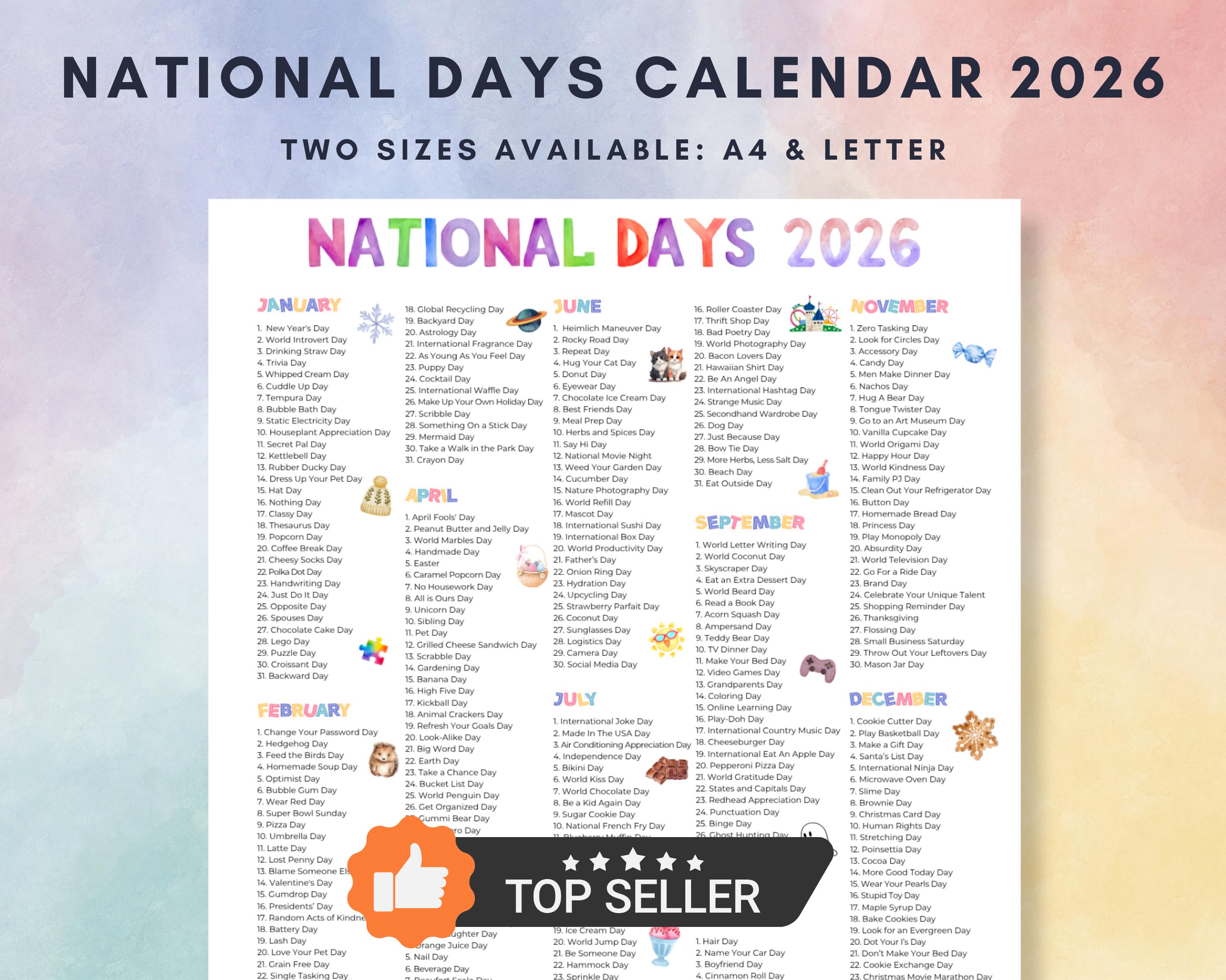 2026 National Days Calendar Printable (A4 & Letter PDF) - Etsy