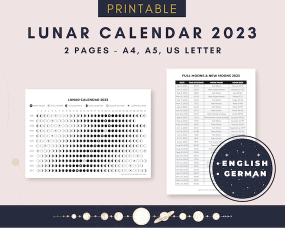 2023 Lunar Calendar Printable PDF / Moon Phases / Lunar Cycle - Etsy