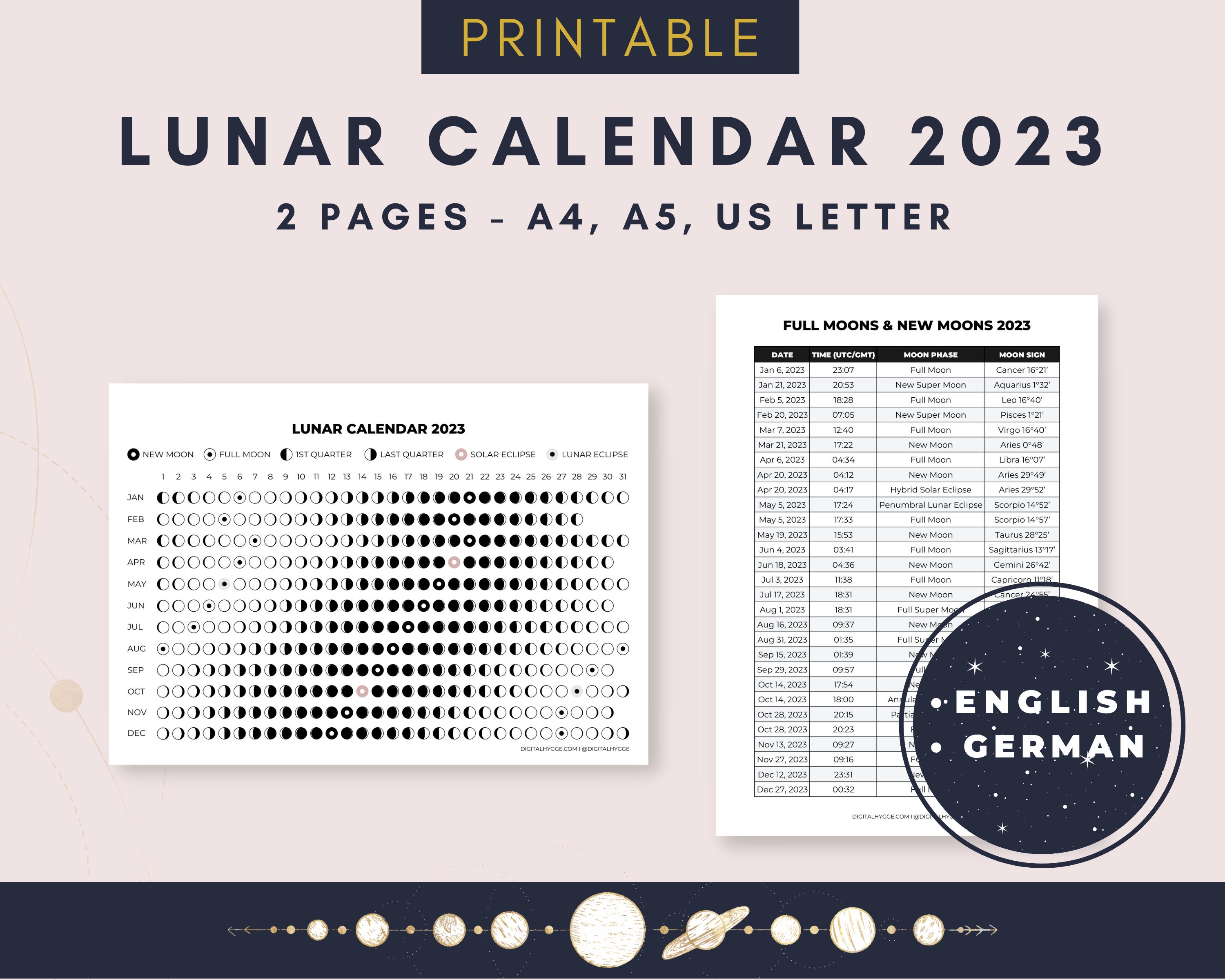 2023 Lunar Calendar Printable PDF / Moon Phases / Lunar Cycle - Etsy