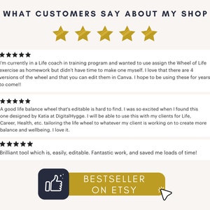 May include: A screenshot of customer reviews for a digital product. The reviews are positive and highlight the product's ease of use, customizability, and time-saving features. The text "BESTSELLER ON ETSY" is displayed in a gold banner.