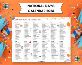 Calendario de días nacionales imprimible en formato PDF / Diseño horizontal / Calendario de días festivos nacionales 2025 / 365 días para celebrar / Días festivos divertidos