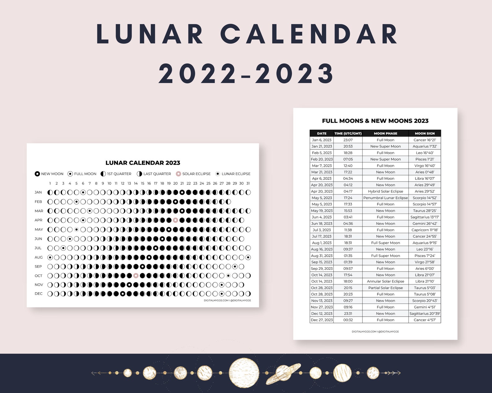 2022-2023 Lunar Calendar Printable PDF / Moon Phases / Lunar - Etsy Canada