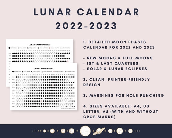 Printable Moon Phase Calendar 2023 2022-2023 Lunar Calendar Printable Pdf / Moon Phases / Lunar | Etsy
