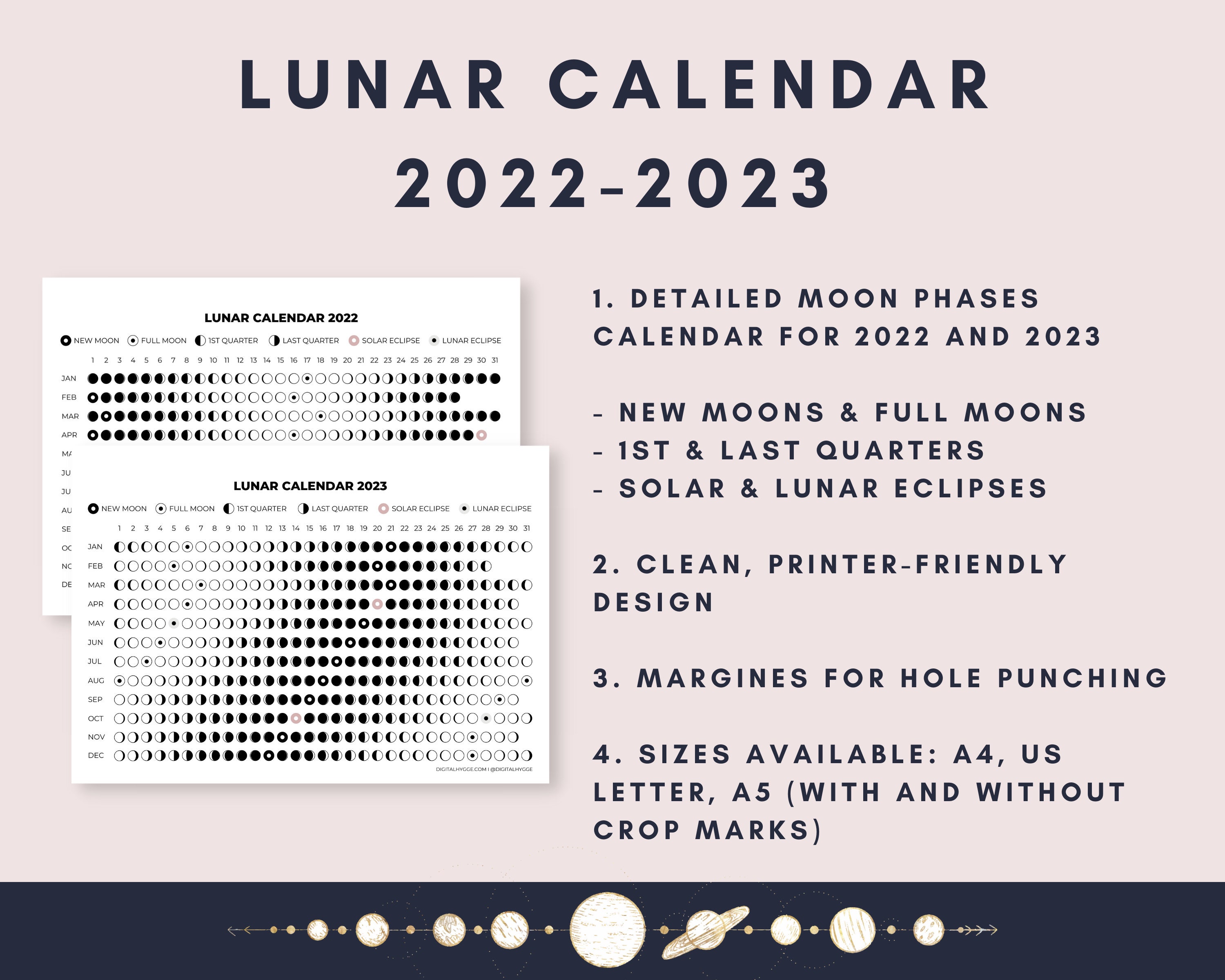 2022-2023 Lunar Calendar Printable PDF / Moon Phases / Lunar - Etsy