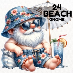 Watercolor Summer Beach Gnome Clipart Png, Gnome Summer Beach Clipart, Summer Beach Gnome Png Graphics, Sublimation Designs Downloads