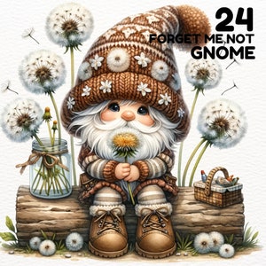 Pacchetti di clipart di gnomo di dente di leone dell'acquerello, gnomo con fiori, clipart per giardinieri, gnomi primaverili, disegni di sublimazione, gnomo di dente di leone