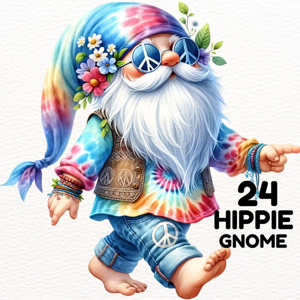 Watercolor Hippie Gnome Clipart Bundle, Hippy Gnome Clipart, Peace Gnome Png Graphics, Gnome sublimation, Hippie Gnome Watercolor PNG