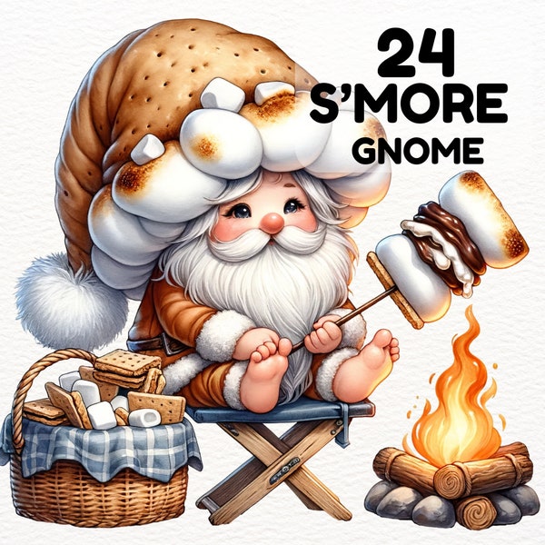Watercolor Smore Gnome Clipart Png, Let's Get Toasted, Camping food, Smore Gnome Watercolor, Marshmallow, Chocolate Cracker, Camp Fire Gnome