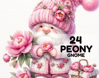 Spring Gnome Clipart, Watercolor Gnome Peony, Spring Peony Gnome PNG Clipart. Garden Gnomes  Clipart, Cute Floral Gnome Clipart, Peony Gnome