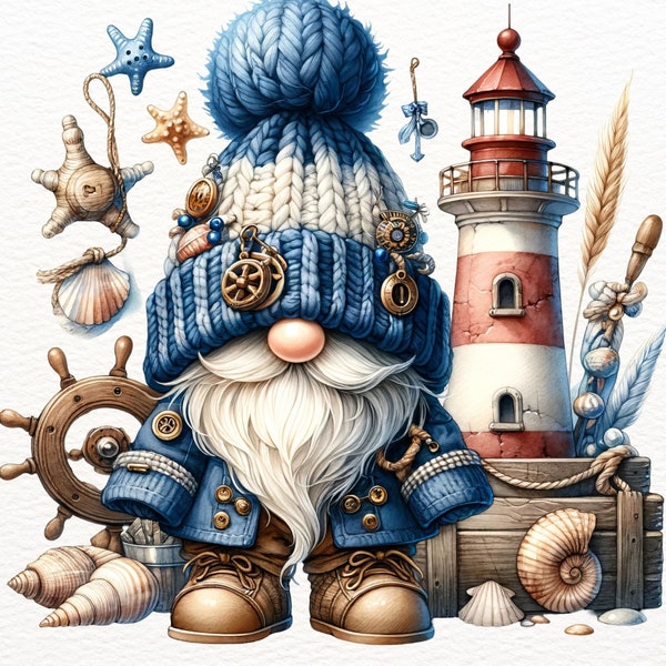 Watercolor Lighthouse Gnome Clipart Bundle, Nautical Gnome Clipart, Lighthouse Gnome Png Graphics, Gnome Sublimation, Fisherman Gnome