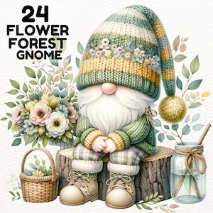 Watercolor Floral Forest Gnome Clipart PNG, Garden Gnome With Flower Clipart, Woodland Gnome Clipart, Spring Gnome Clipart, Sublimation, Png